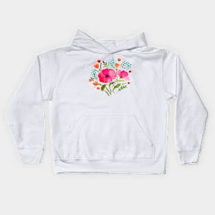 Watercolor poppies bouquet - pink and green Kids Hoodie